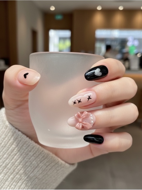 Black and Nude Press-On Nails with Silver Accents - Picture 2 of 2